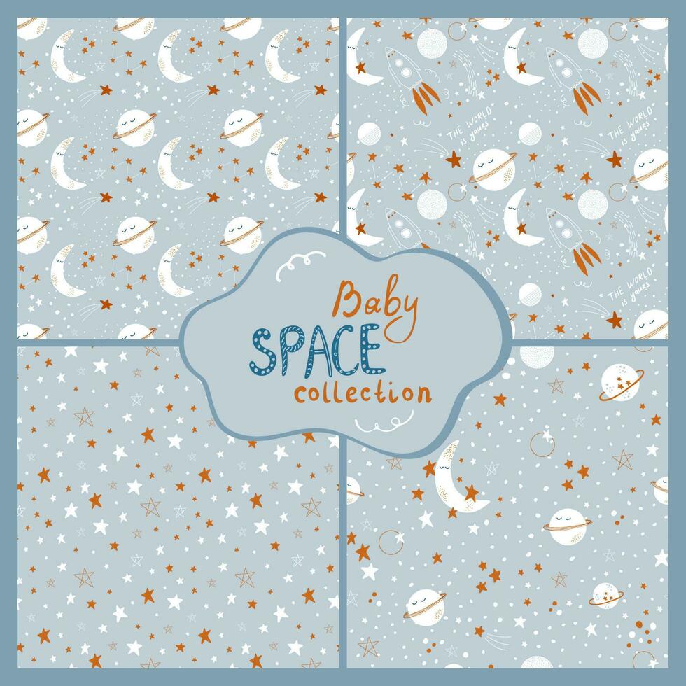 baby kosmisch reeks van naadloos patronen met maan, planeten en sterren. vector illustraties in gemakkelijk hand- getrokken stijl. schattig achtergronden voor interieur decoreren, kleding stof, baby kleren, baby douche decor.