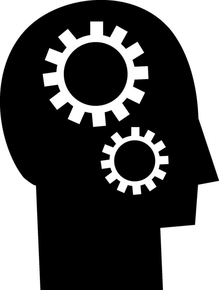 zwart illustratie van menselijk hersenen met tandwielen. vector
