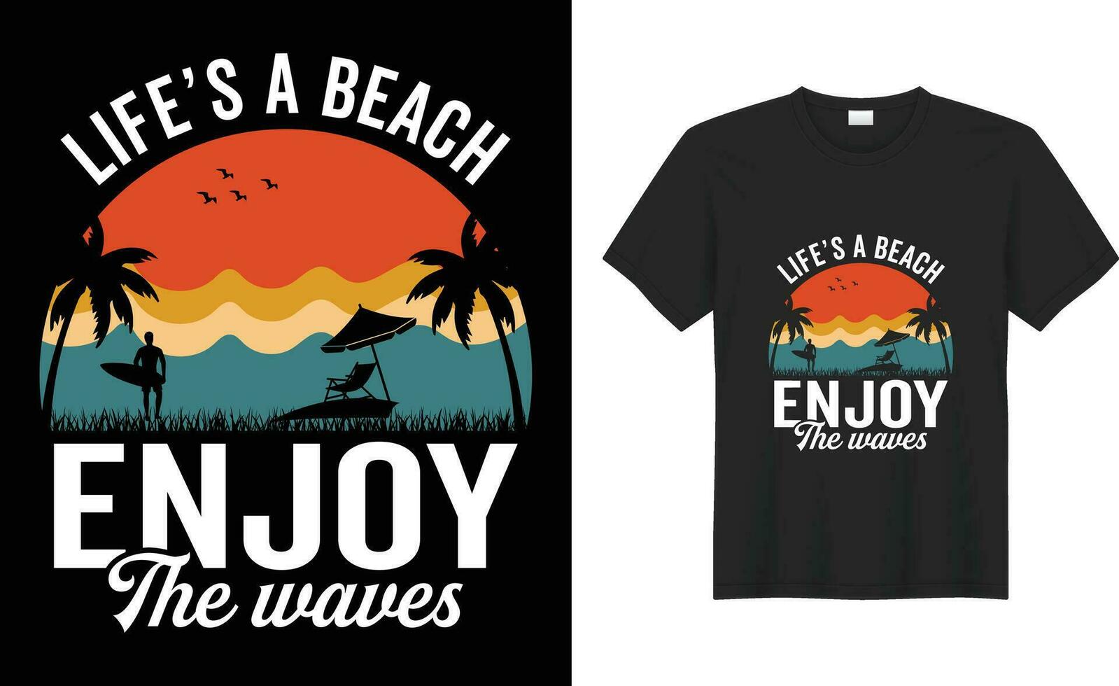 zomer zonsondergang kleurrijk retro wijnoogst grappig typografie vector t-shirt ontwerp. het leven een strand genieten de golven