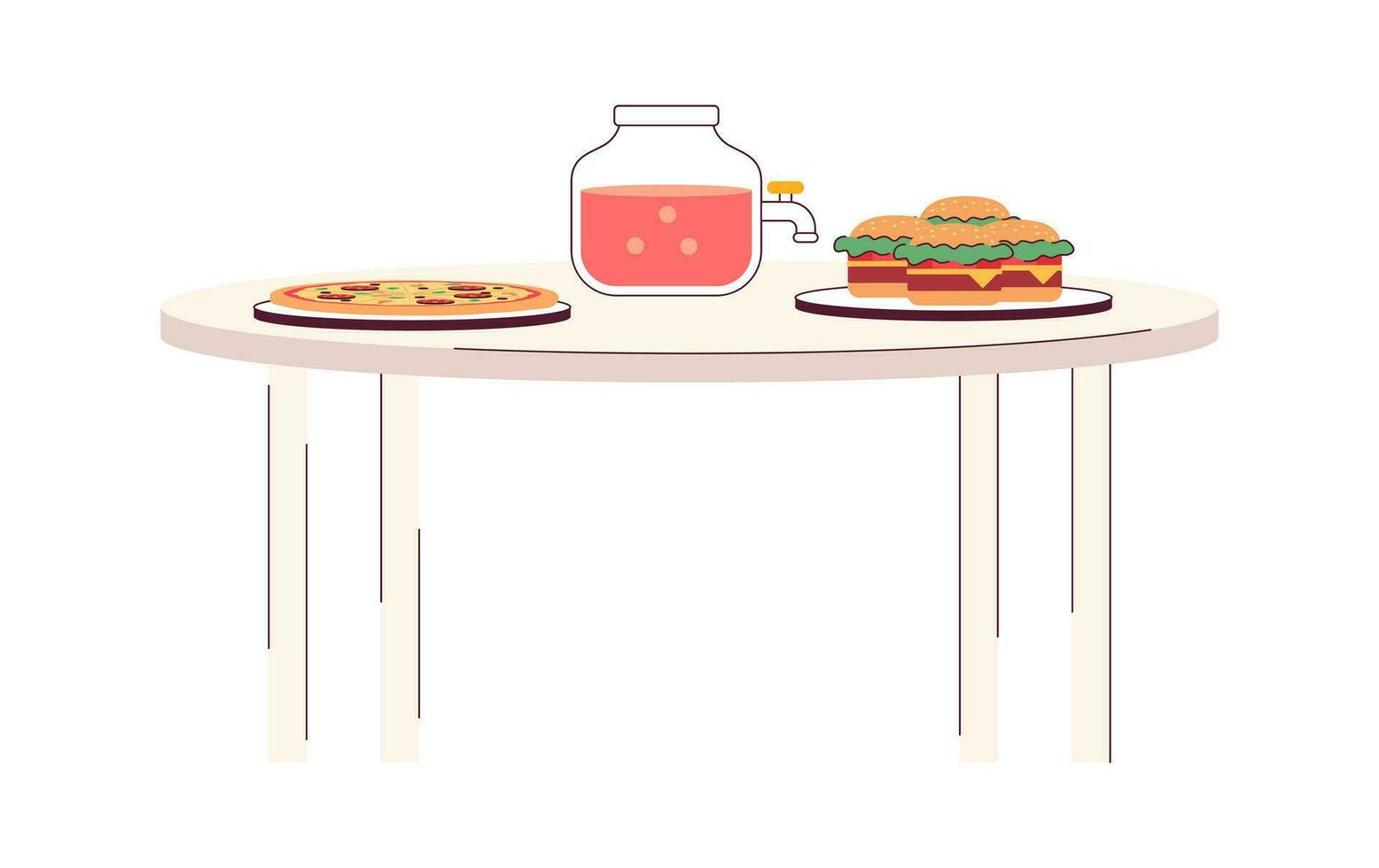 partij Fast food en stempel pot met kraan Aan tafel semi vlak kleur vector voorwerp. aan het eten snel voedsel. bewerkbare tekenfilm klem kunst icoon Aan wit achtergrond. gemakkelijk plek illustratie voor web grafisch ontwerp