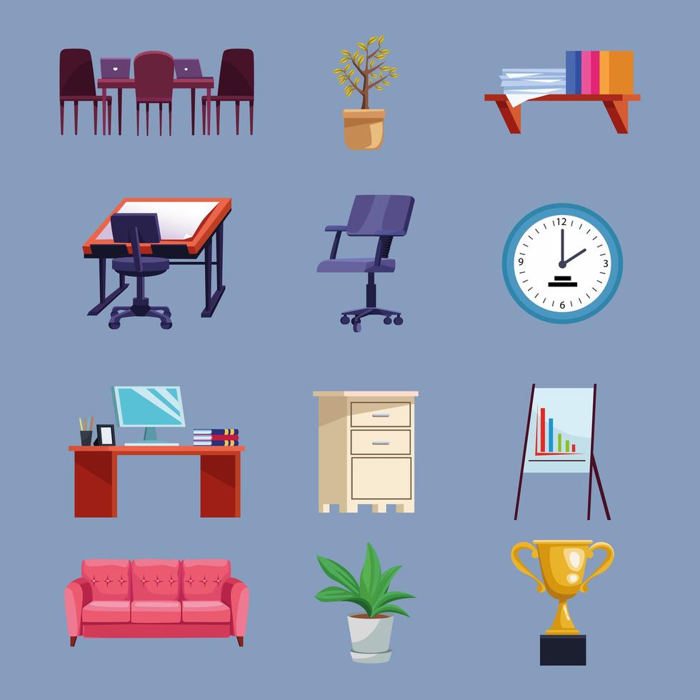 bundel van negen office set-pictogrammen vector