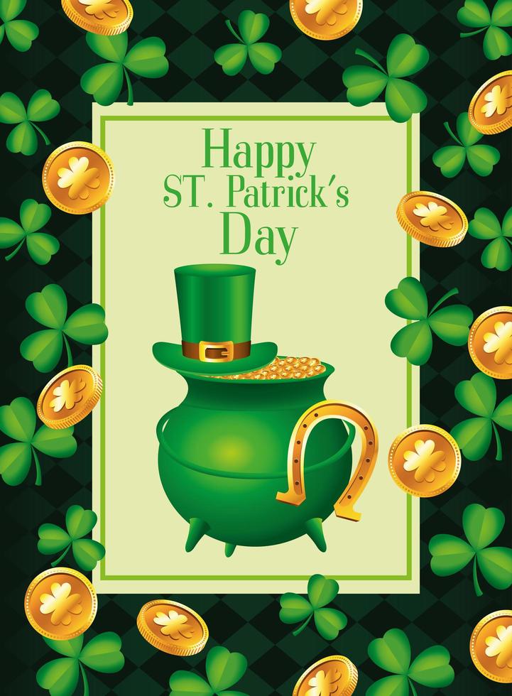 happy saint patricks day belettering met ketel schat en klavers en munten patroon vector