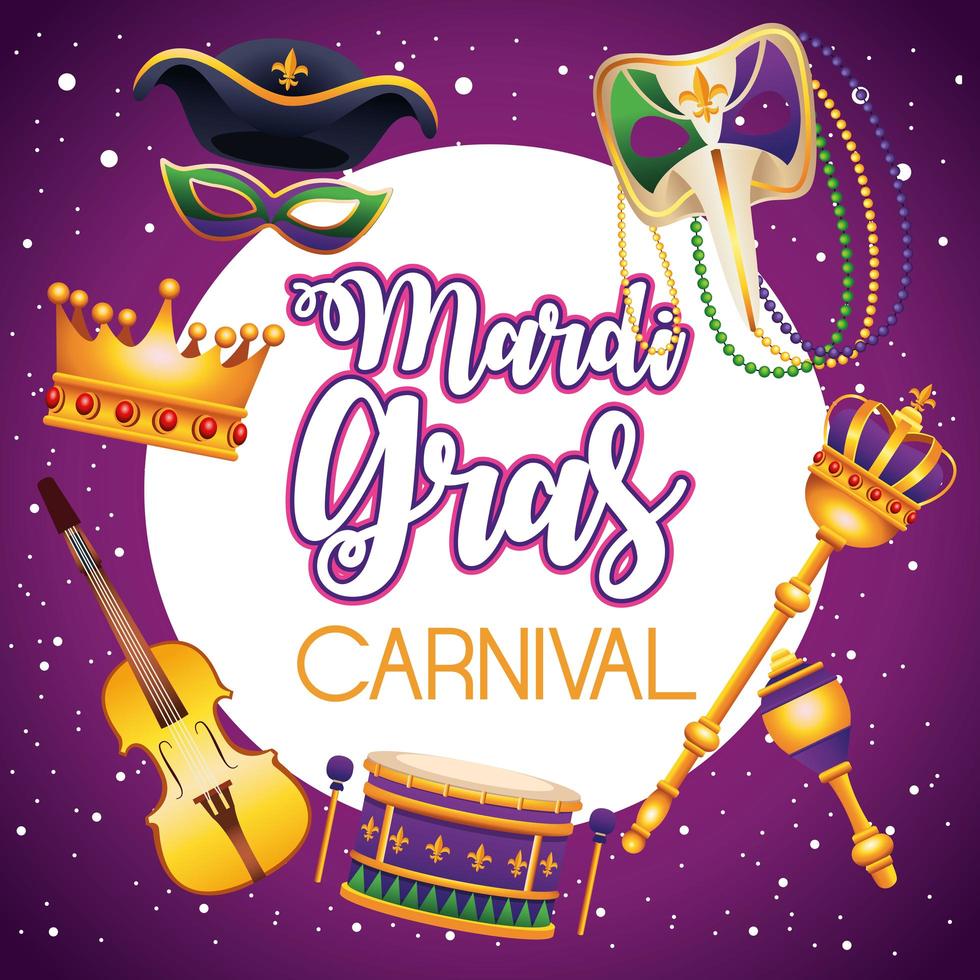 mardi gras carnaval belettering met set pictogrammen rond vector