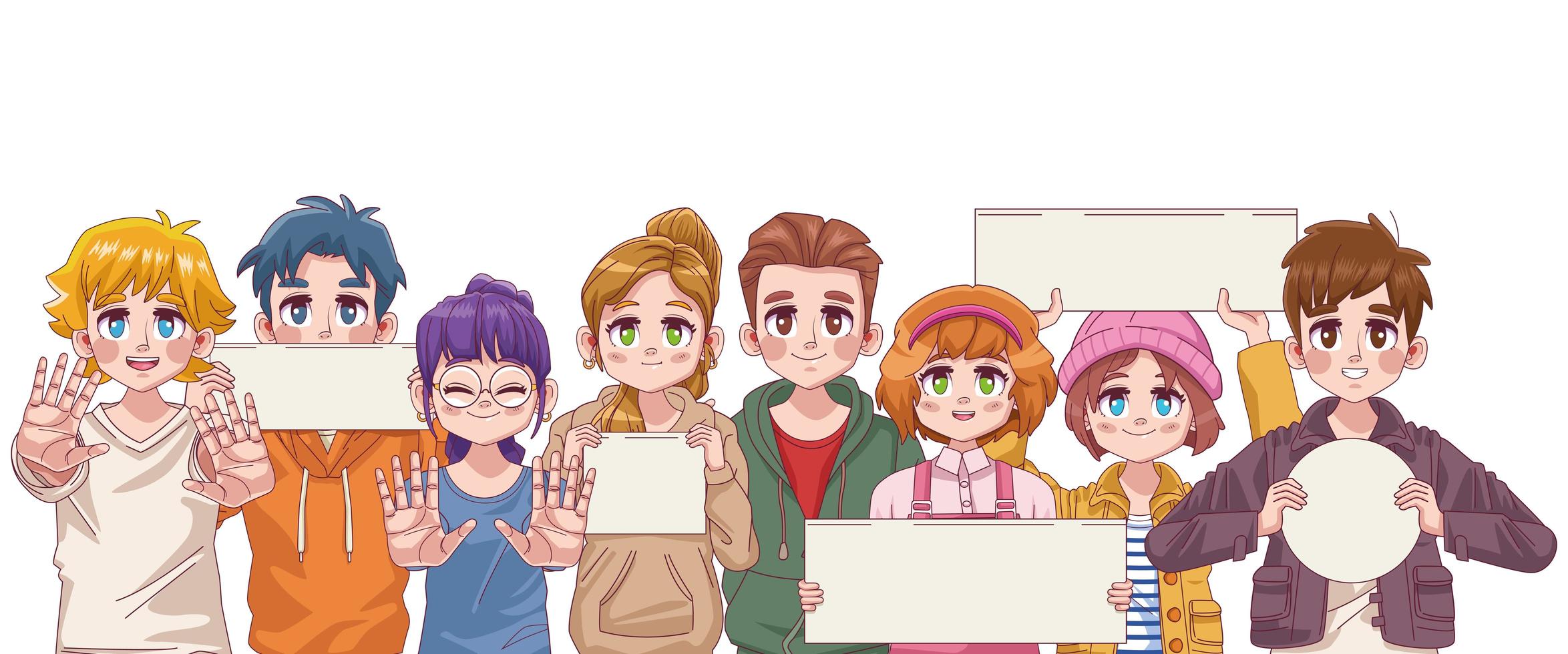 groep van acht schattige manga-anime-personages van youngs-tieners met protestbanners vector