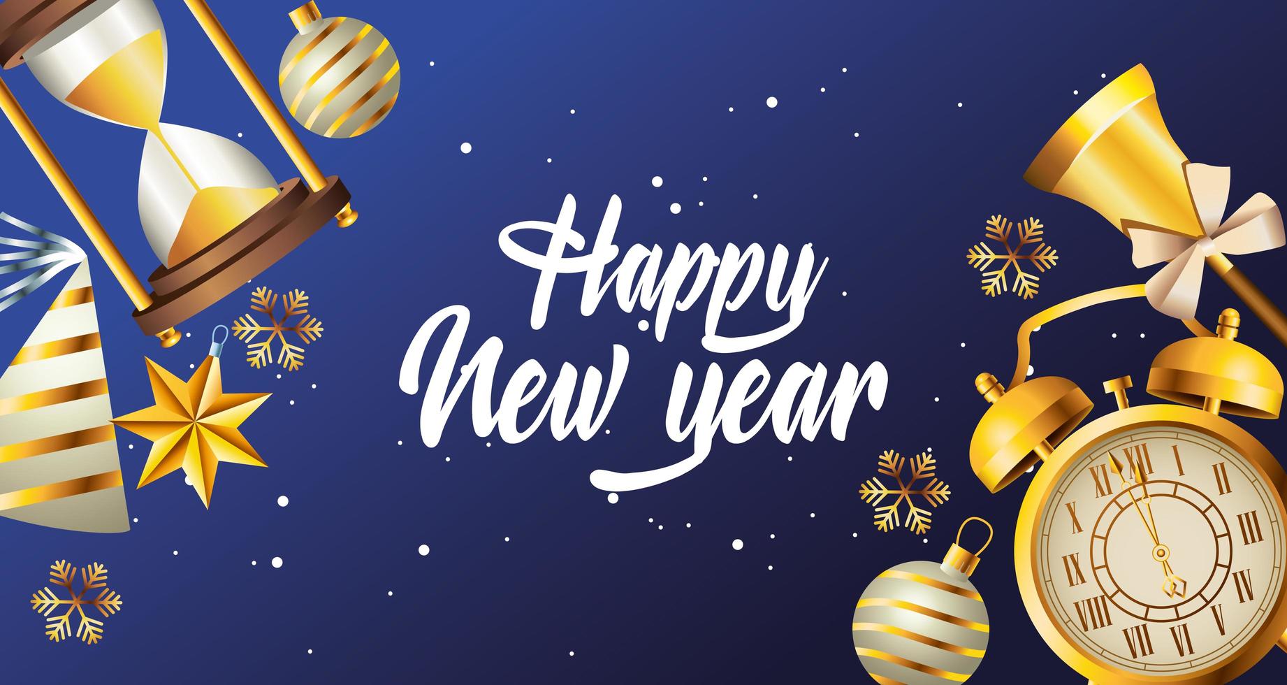 gelukkig nieuwjaar belettering met viering gouden set pictogrammen vector