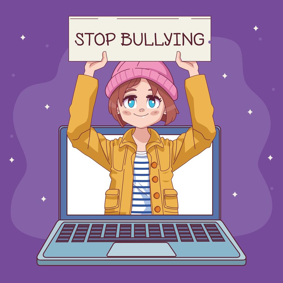 schattig klein meisje met stop pesten banner in komisch mangakarakter van de laptop vector
