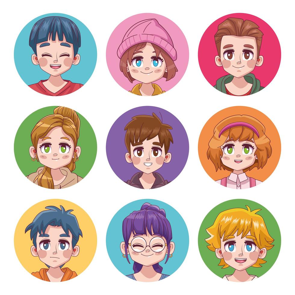 groep van negen schattige tieners manga anime karakters vector