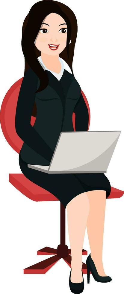 bedrijf vrouw zittend Aan stoel en Holding laptop. vector