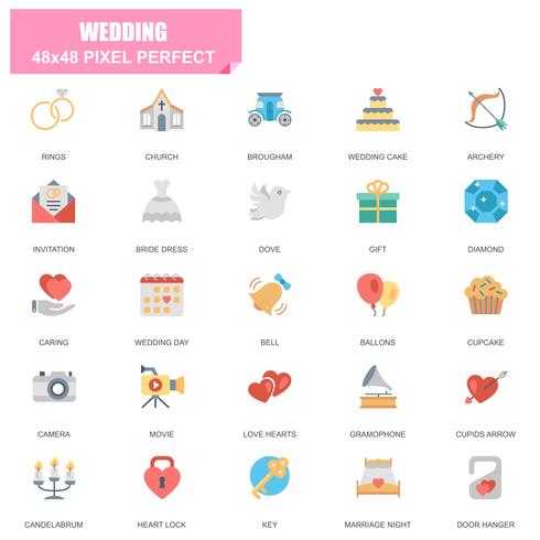 Eenvoudige reeks bruiloft gerelateerde Vector plat pictogrammen