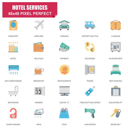 Eenvoudige reeks Hoteldiensten verwante Vector vlakke pictogrammen