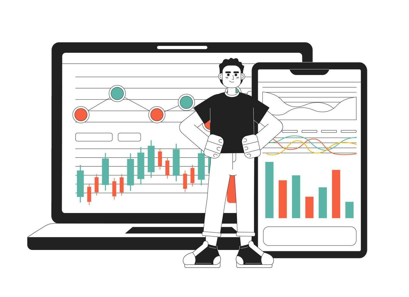 zakenman 2d vector monochroom geïsoleerd plek illustratie. investeerder tonen laptop met financieel grafieken en diagrammen vlak hand- getrokken Aan wit achtergrond. Investition bewerkbare schets tekenfilm tafereel