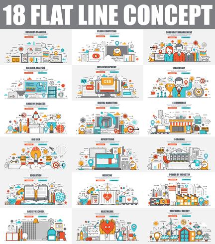 Moderne set van platte lijn concept webbanner van cloud computing, e-banking, e-commerce, marketing, teamwork, onderwijs, ontwikkeling vector