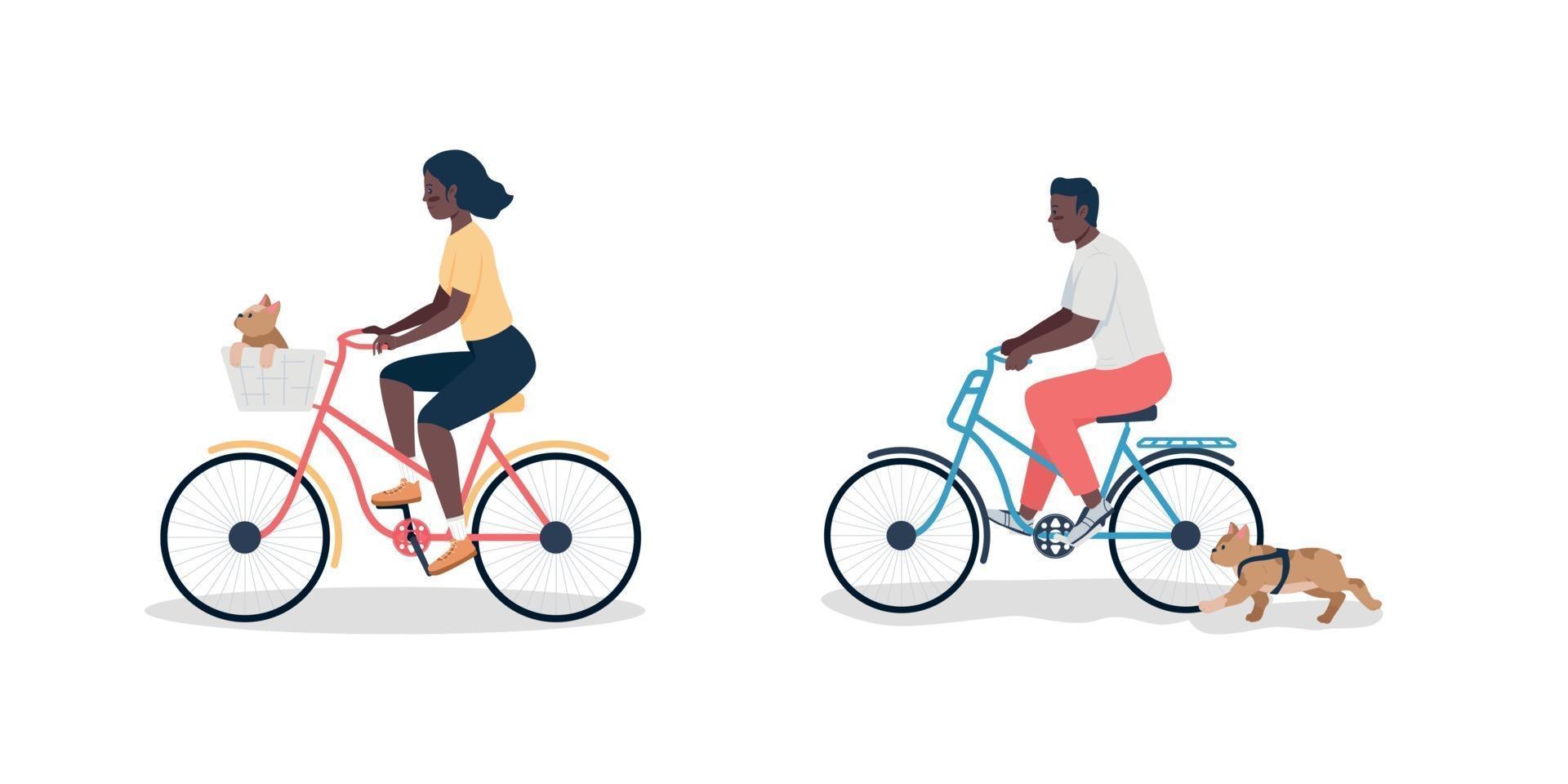 Afro-Amerikaanse man en vrouw op fiets met honden egale kleur vector gedetailleerde tekenset