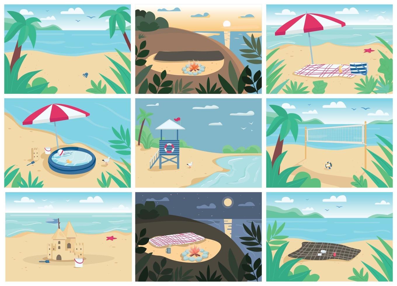 tropisch zandstrand en zee egale kleur vector illustraties set