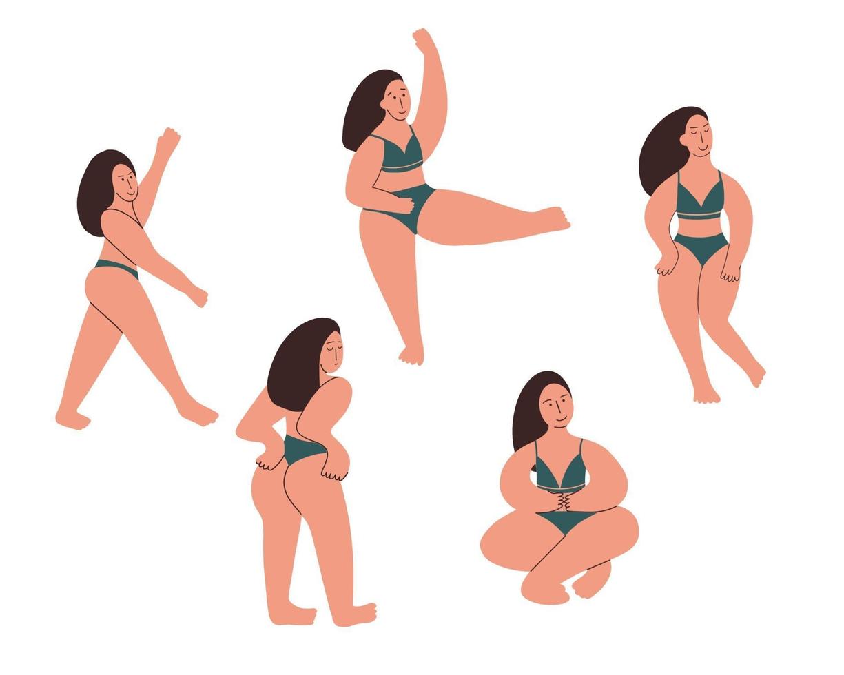 model plus size in ondergoed. een meisje met ronde vormen houdt zich bezig met fitness. lichaam positief. hand getekend vectorillustratie vector