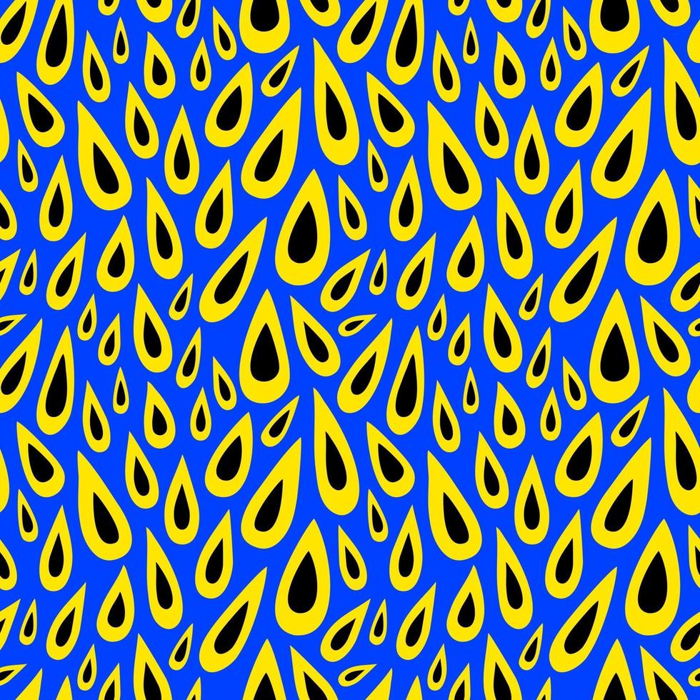 naadloze patroon met geel-zwarte druppels op een blauwe achtergrond. abstract patroon met druppels van verschillende vormen. vector vlakke afbeelding