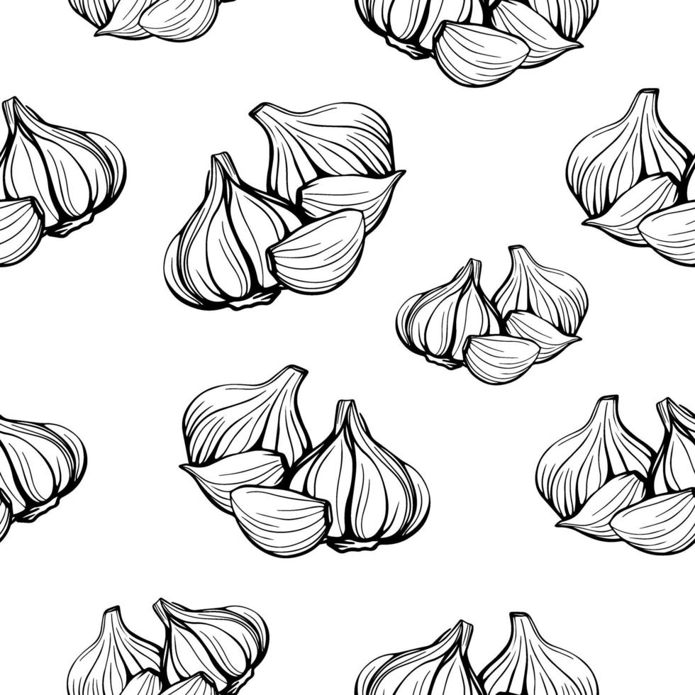 naadloze patroon van knoflook op een witte achtergrond. een eenvoudig patroon van knoflook. handgetekende vectorillustratie in de stijl van de doodle. kop knoflook vector