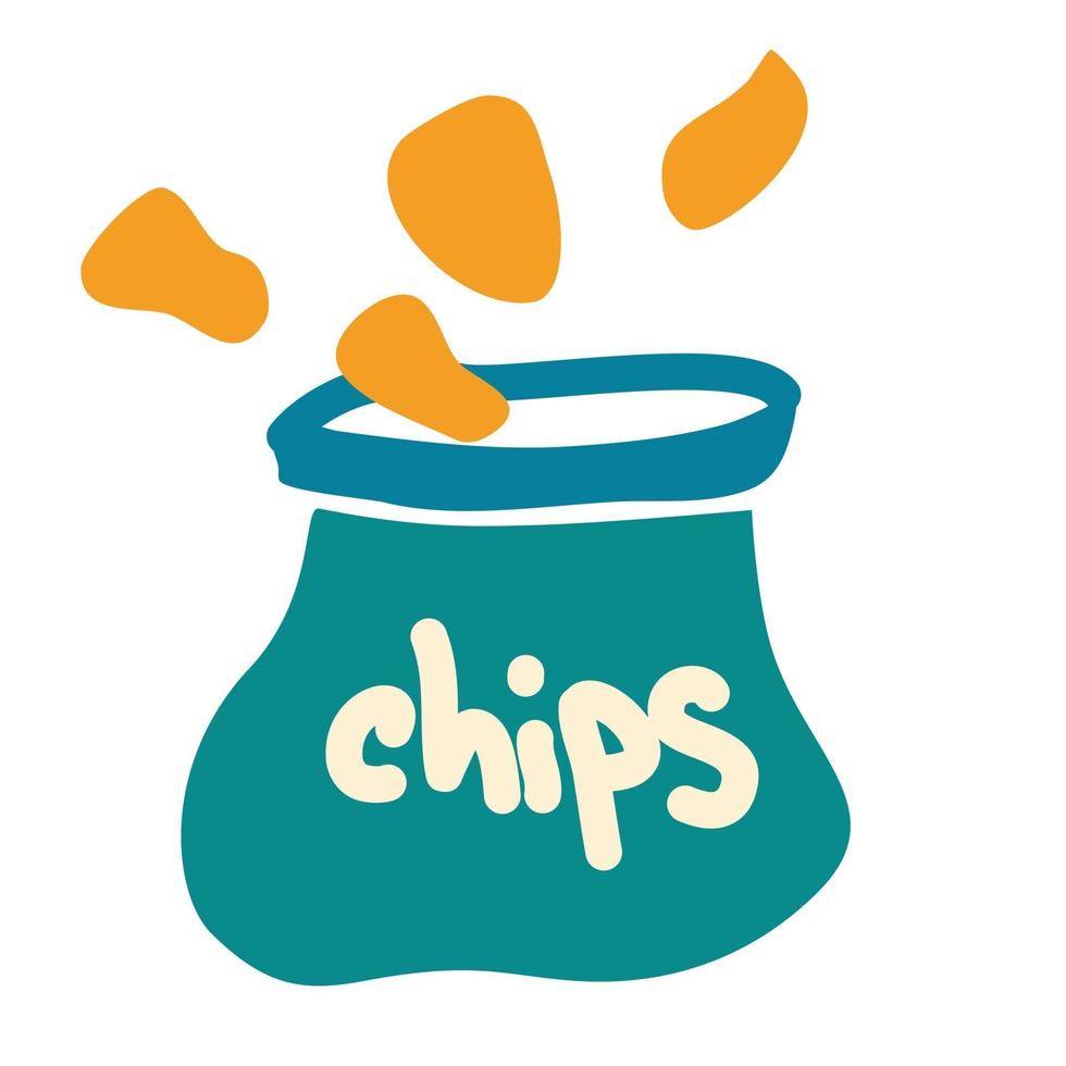 pakket met chips in cartoon-stijl chips worden uit de zak gemorst chips pictogram voor eten en drinken bedrijf aardappel snack branding element logo vector