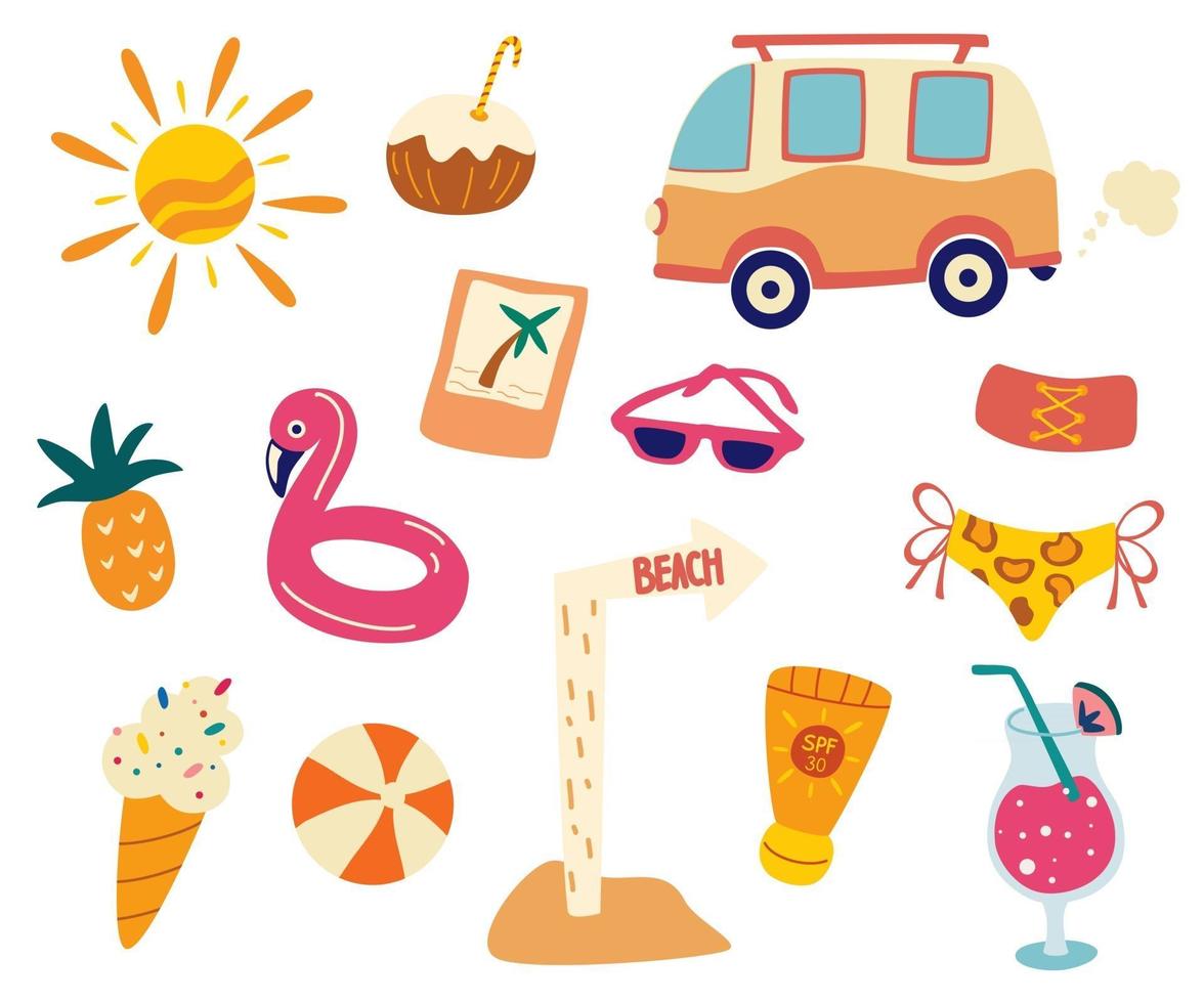 zomer set strandaccessoires verzameling zomerspullen plat zomervakantie strandvakantie poster met zomer pictogrammen instellen zwembad partij concept vector cartoon ontwerp illustratie trendy stijl