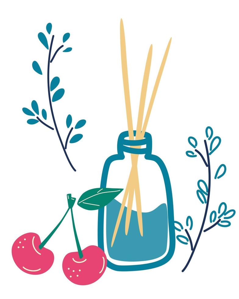 Aromatherapie set houten aromastokken in glazen pot met de geur van kersen essentiële lucht geurstokjes aromatherapie spa en schoonheid cartoon platte vector illustratie geïsoleerd