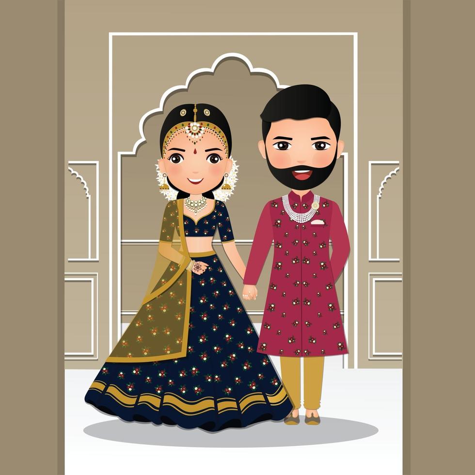bruiloft uitnodigingskaart het schattige paar bruid en bruidegom in traditionele Indiase jurk stripfiguur vector
