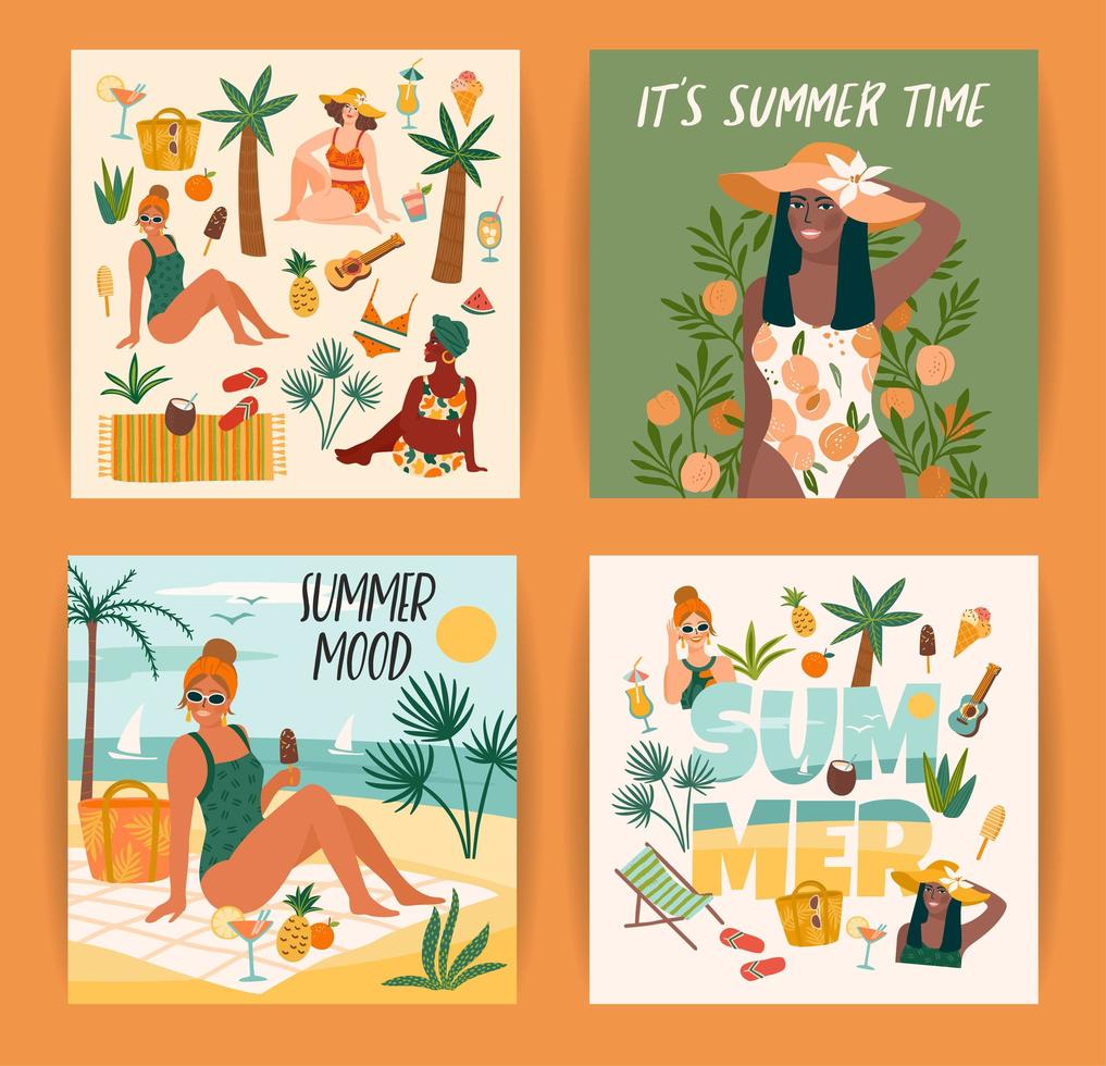 set van heldere zomerillustraties met schattige vrouwen zomervakantie vakantie tavel vector