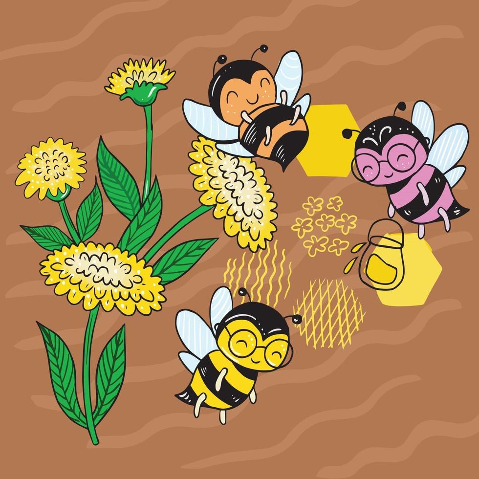 vector afbeelding van een honingbij op een veld tussen de bloemen nectar verzamelen op een bruine achtergrond