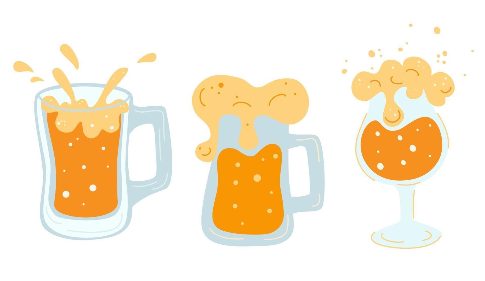 set van verschillende mokken met bierglazen mokken met handvat vol licht bier met schuim en bubbels koude verfrissende alcoholische drank pint gouden drank met schuim platte vectorillustratie vector