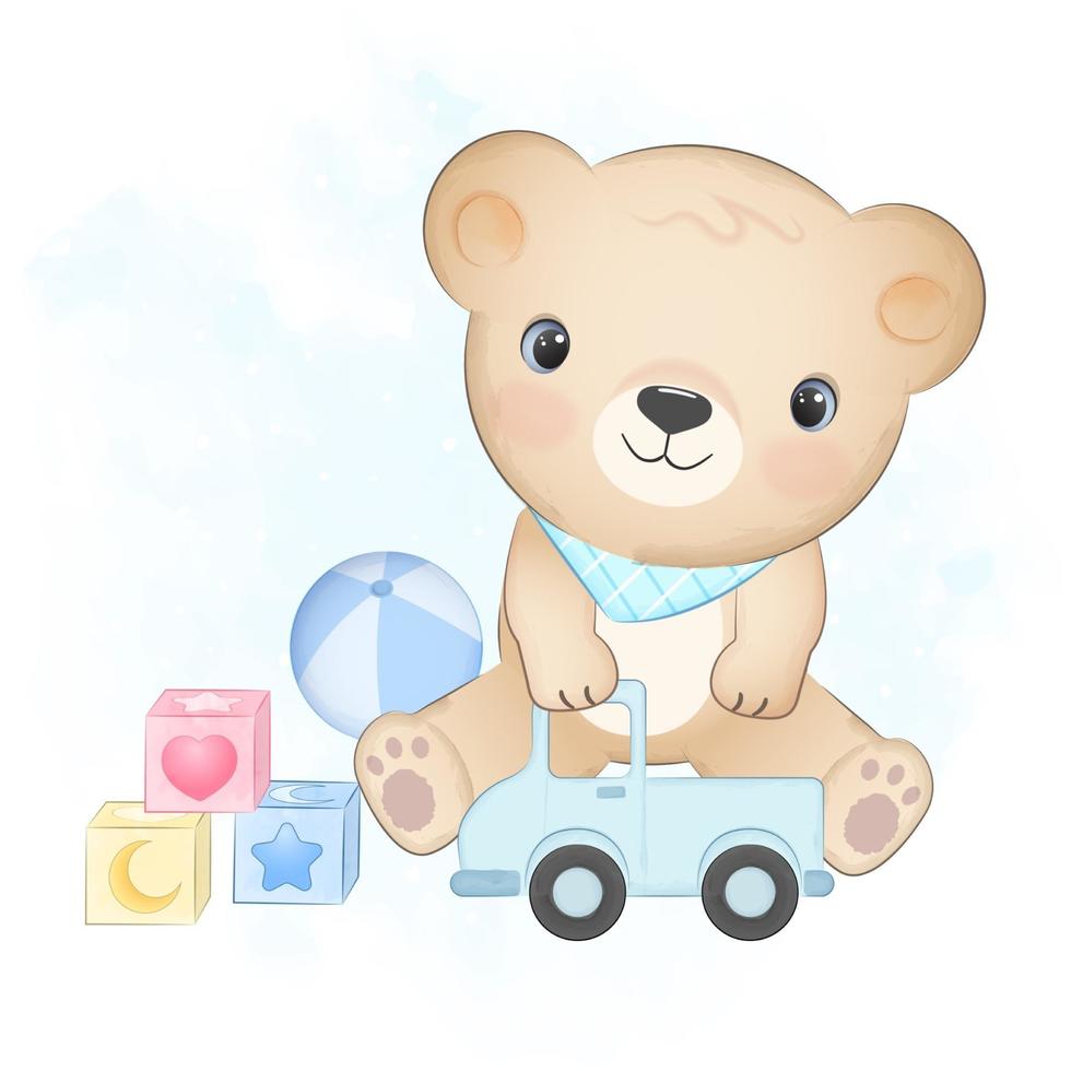 schattige kleine beer en babyspeelgoed vector