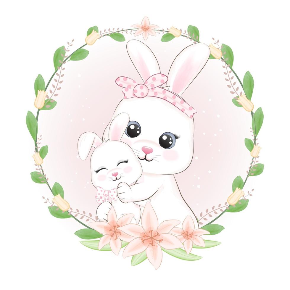 klein konijn met moeder en Bloemenlijst vector