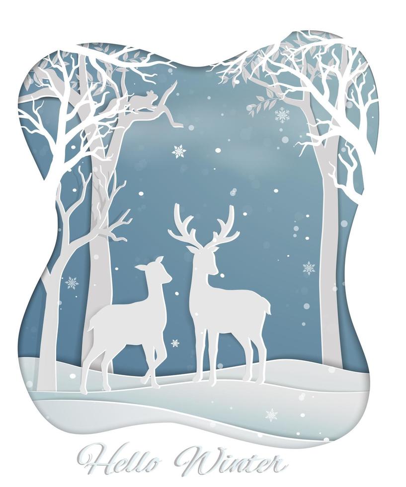herten paar staande in het bos met wintersneeuw natuur achtergrond voor kerstvakantie feest partij gelukkig nieuwjaar of wenskaart vector