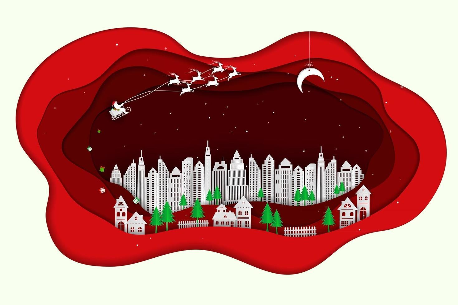 de kerstman komt naar de stad op rood papier kunst abstract ontwerp als achtergrond voor kerstvakantie feest partij gelukkig nieuwjaar of wenskaart vector