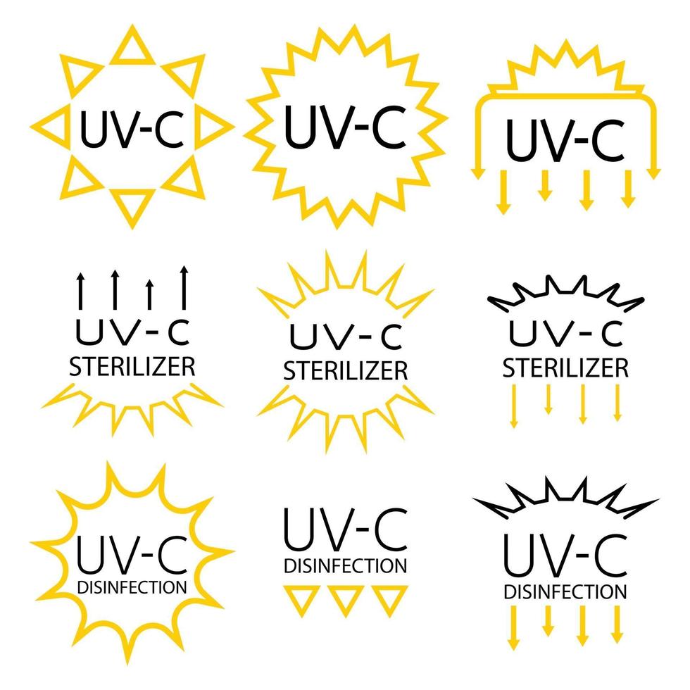 informatieborden voor verpakkingsmarkeringen met uv-apparaten in uvc-sterilisator en desinfectiestempelsymbolen vector