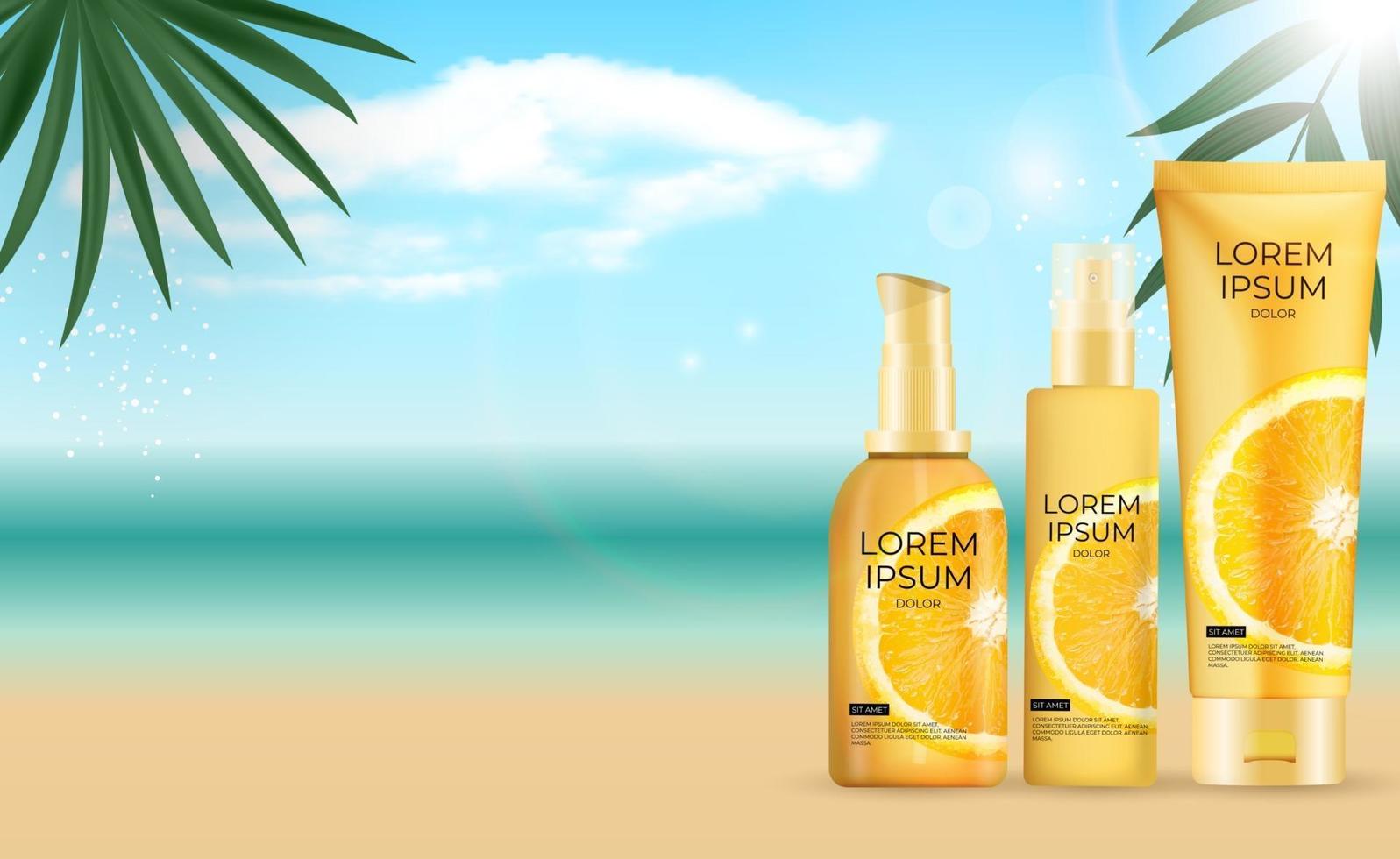 3d-realistische zonbeschermingscrème fles achtergrond met palmbladeren vector