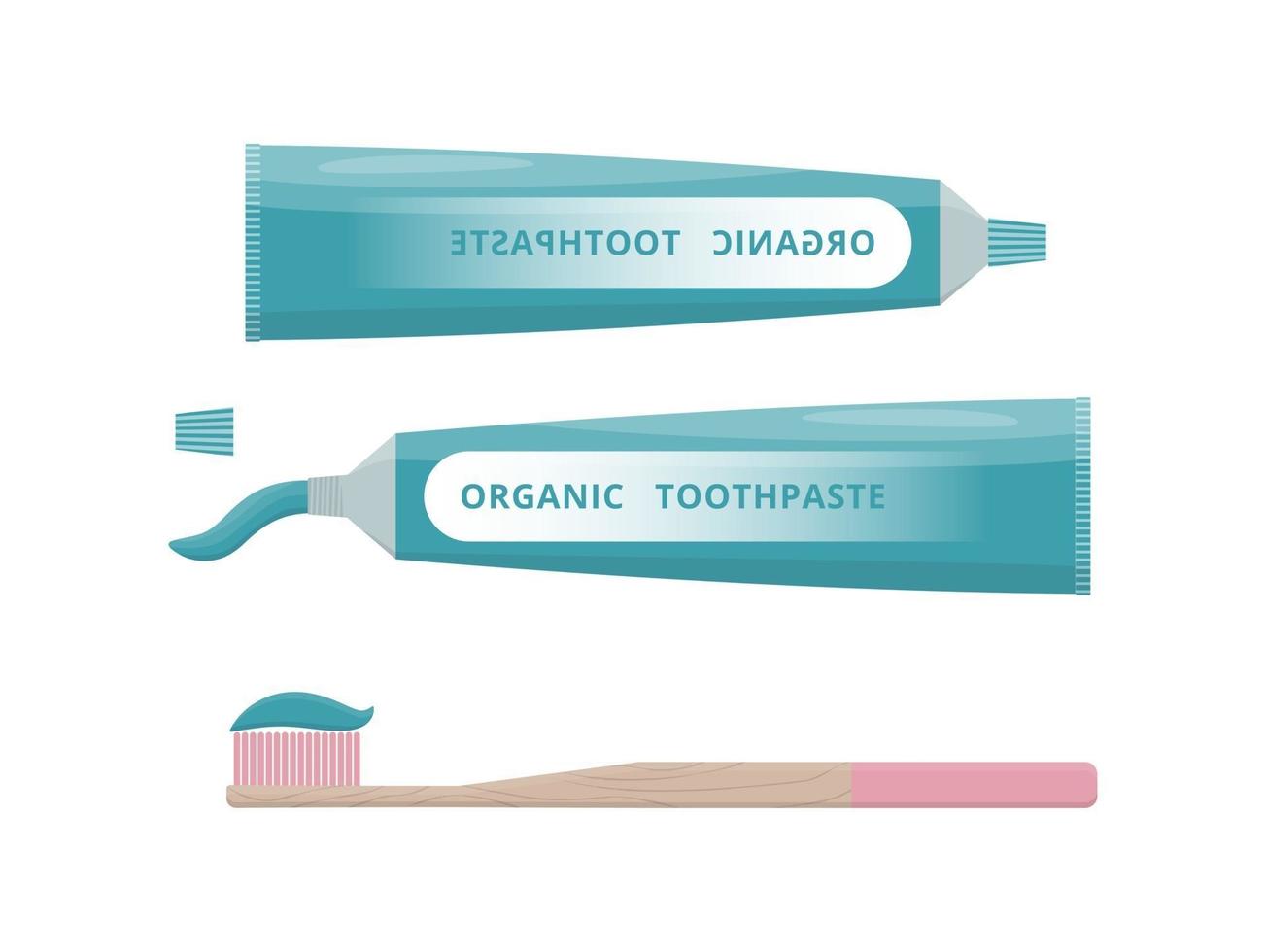 set van biologische tandpasta open tandpasta en bamboe tandenborstel vectorillustratie geïsoleerd op een witte achtergrond vector