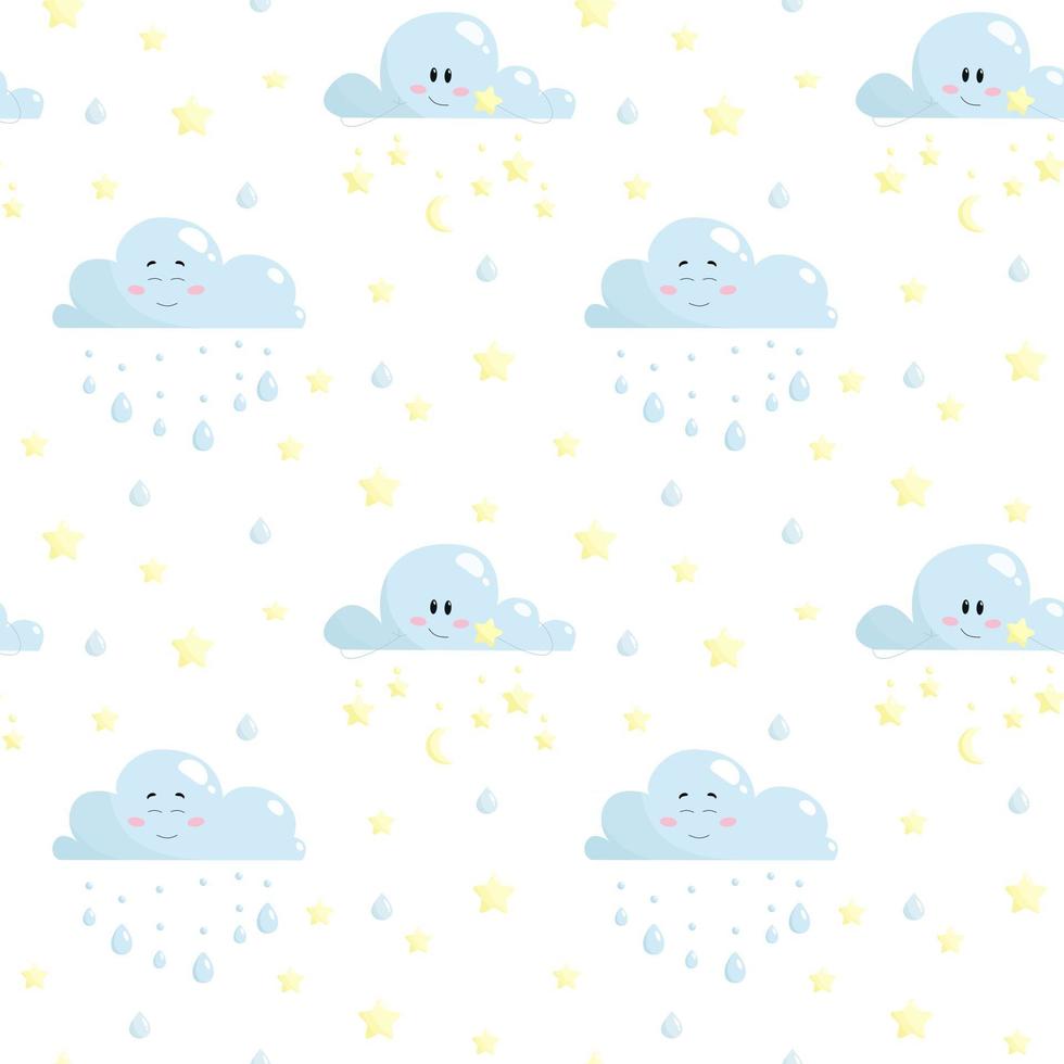 kwekerij vector naadloze patroon met schattige wolken sterren regendruppels op een witte achtergrond kinderen illustratie