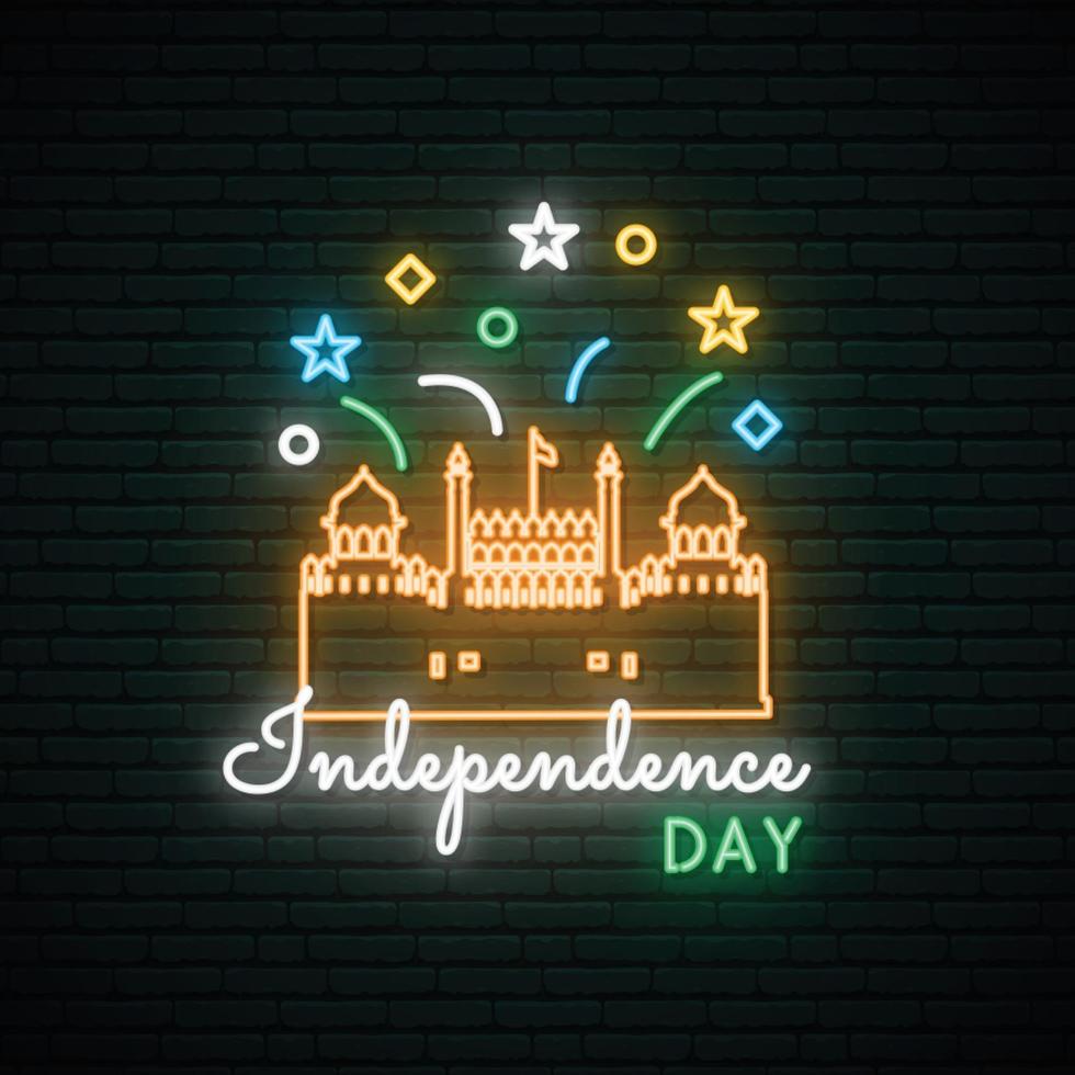 neon wenskaart met lal qila illustratie voor het vieren van de onafhankelijkheidsdag van india vector