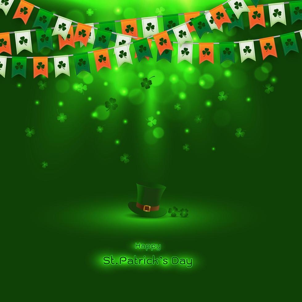 licht met wazig bokeh op donkergroene achtergrond voor st patrick dag ontwerp met kabouter hoed gors klavers en plaats voor uw tekst vector