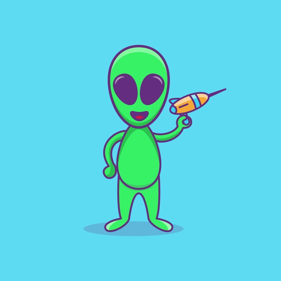 buitenaardse bedrijf lasergun schattig buitenaardse mascotte karakter cartoon buitenaardse illustratie platte ontwerp cartoon stijl vector