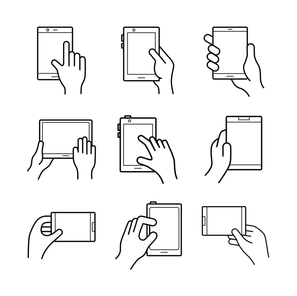 bundel van handen en smartphones stel pictogrammen vector