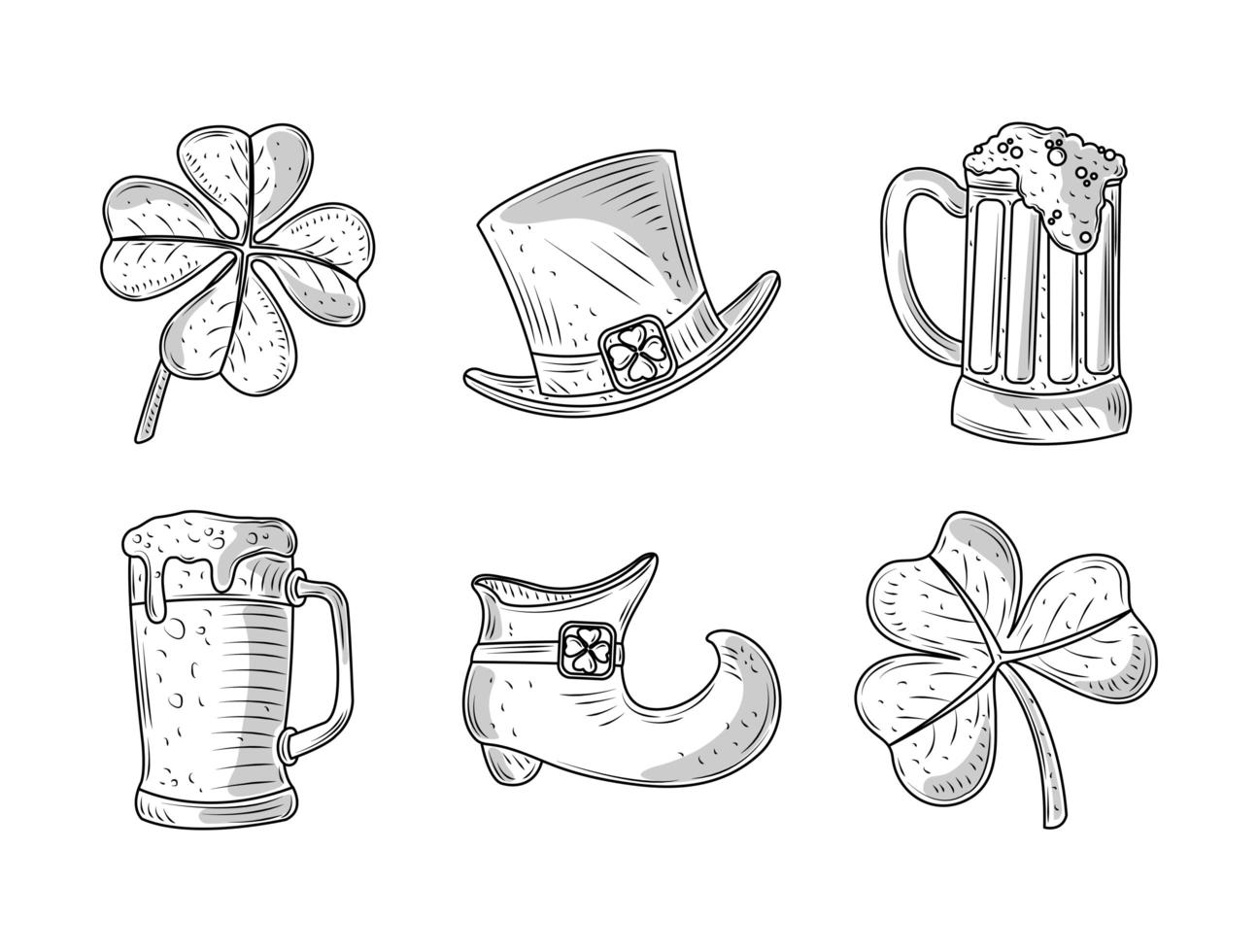 set happy st patricks day klaver hoed bier schoen pictogrammen schets vector