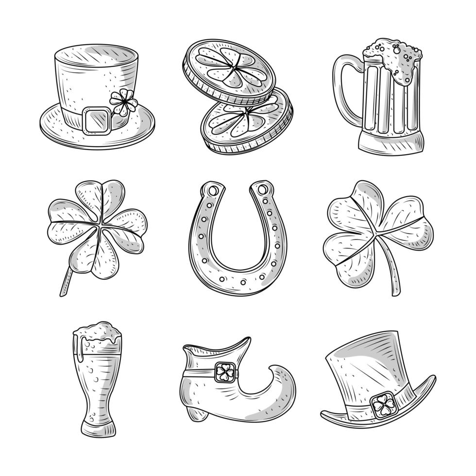 set happy st patricks day hat munten klaver schoen bier en hoefijzer pictogram schets geïsoleerd vector