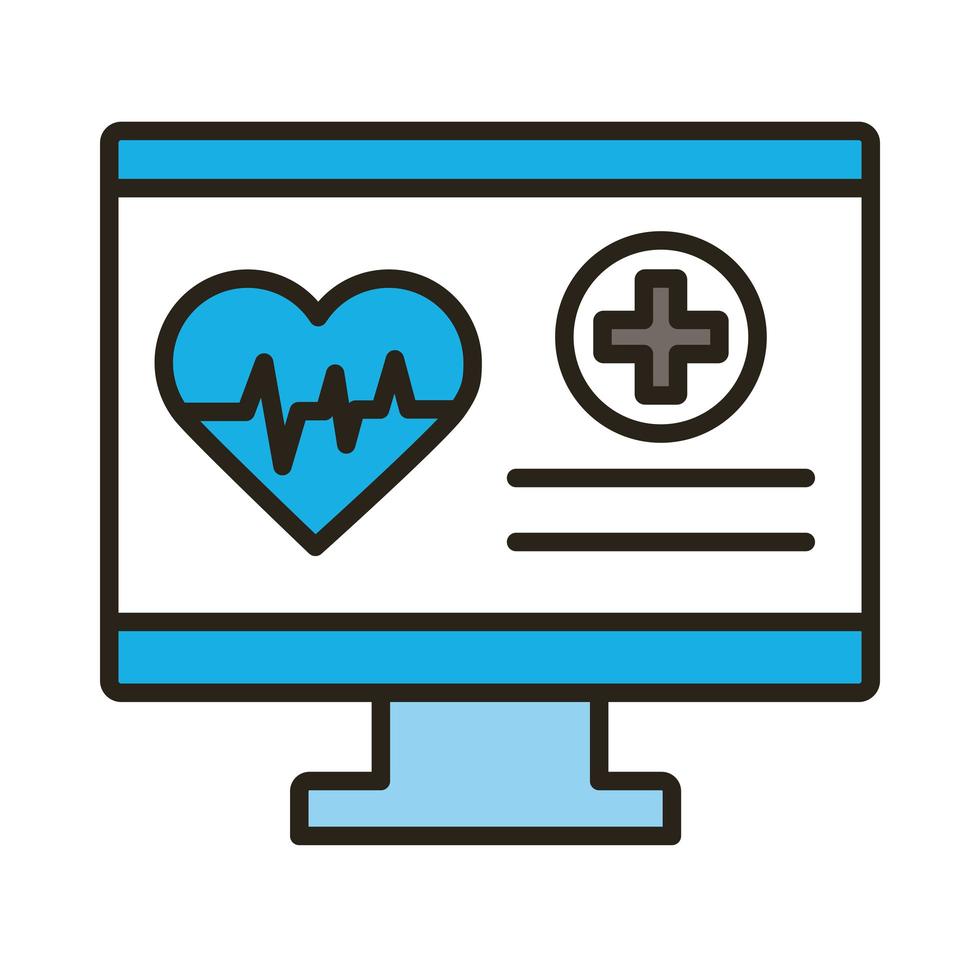 desktop met medische hart cardiologie pulse lijn en opvulling stijlicoon vector