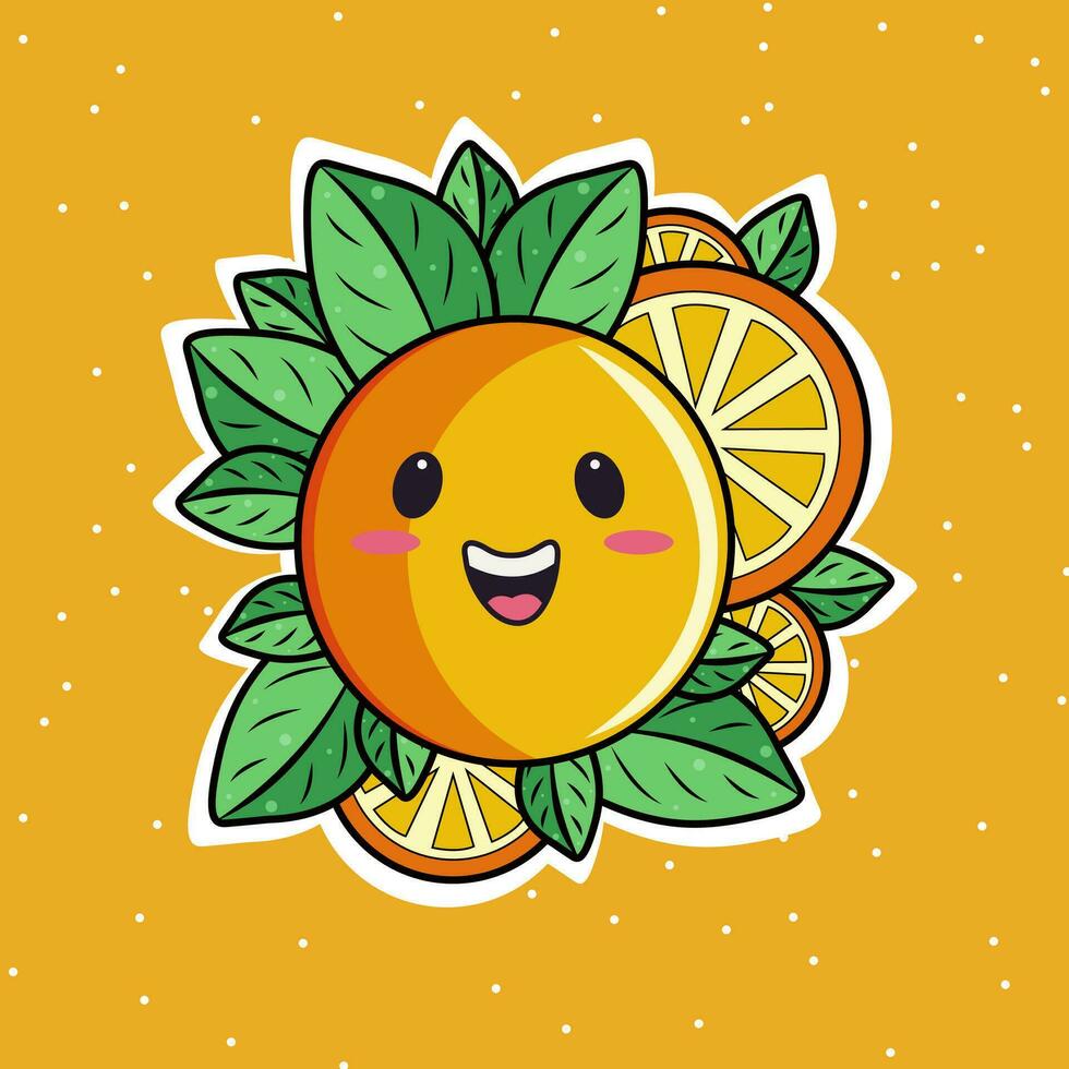 gelukkig oranje mascotte met besnoeiing plak en bladeren in sticker stijl. vector