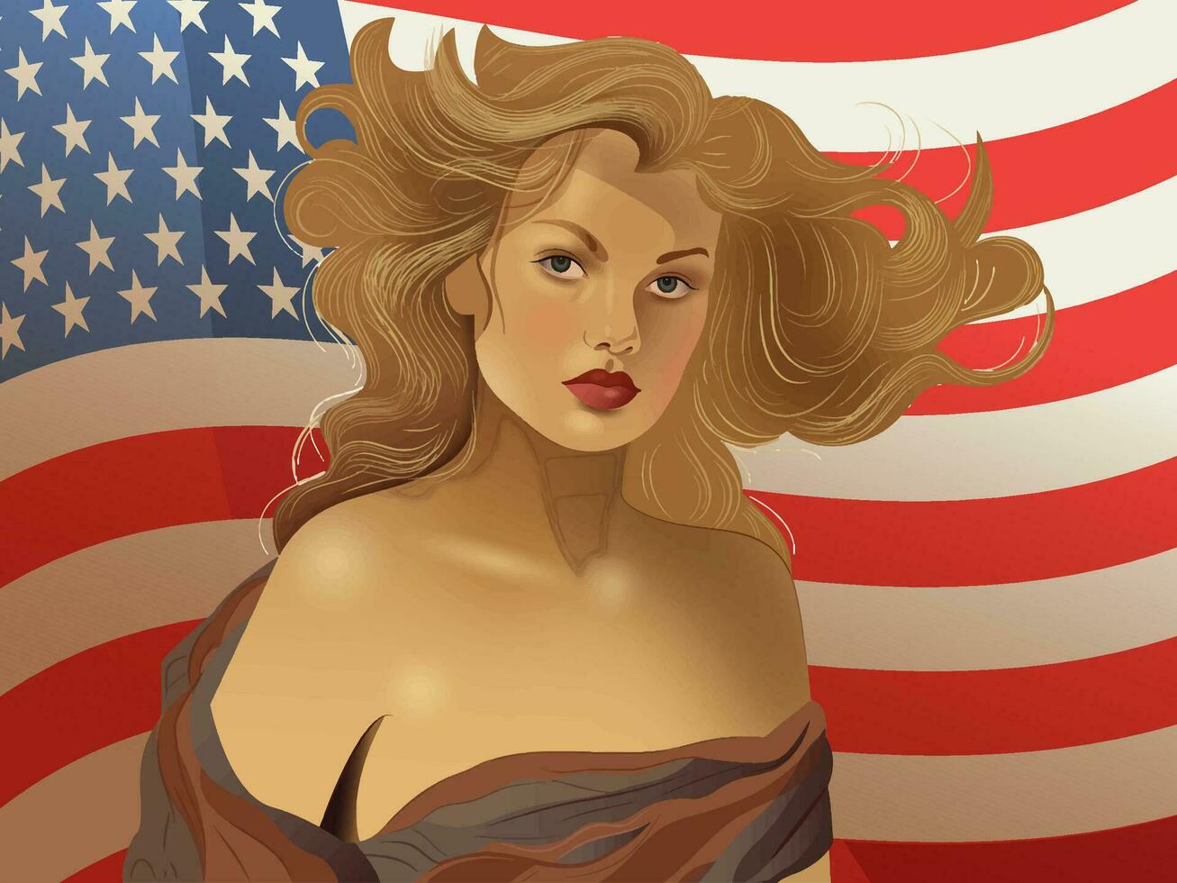 blond jong vrouw aan het bedekken haar lichaam met kleding tegen backdrop van Amerikaans vlag. concept van 4e juli, onafhankelijkheid dag, veteranen dag. vector