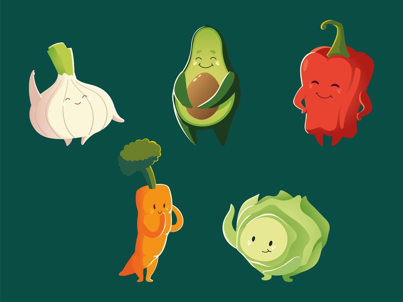 set van grappige wortel, avocado, paprika, ui en sla, groenten, spotprent, gedetailleerd vector