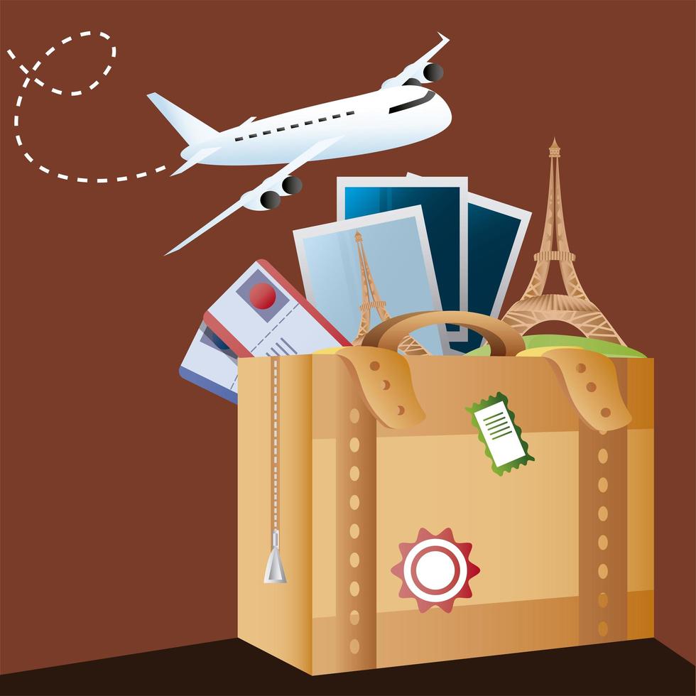 reizen vliegtuig koffer met kaartjes en foto's vakanties toerisme vector