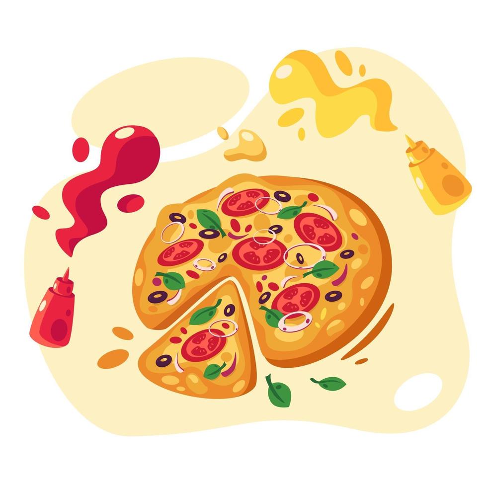 pizza met tomaten ui olijven basilicum kaas ketchup en mosterd vector
