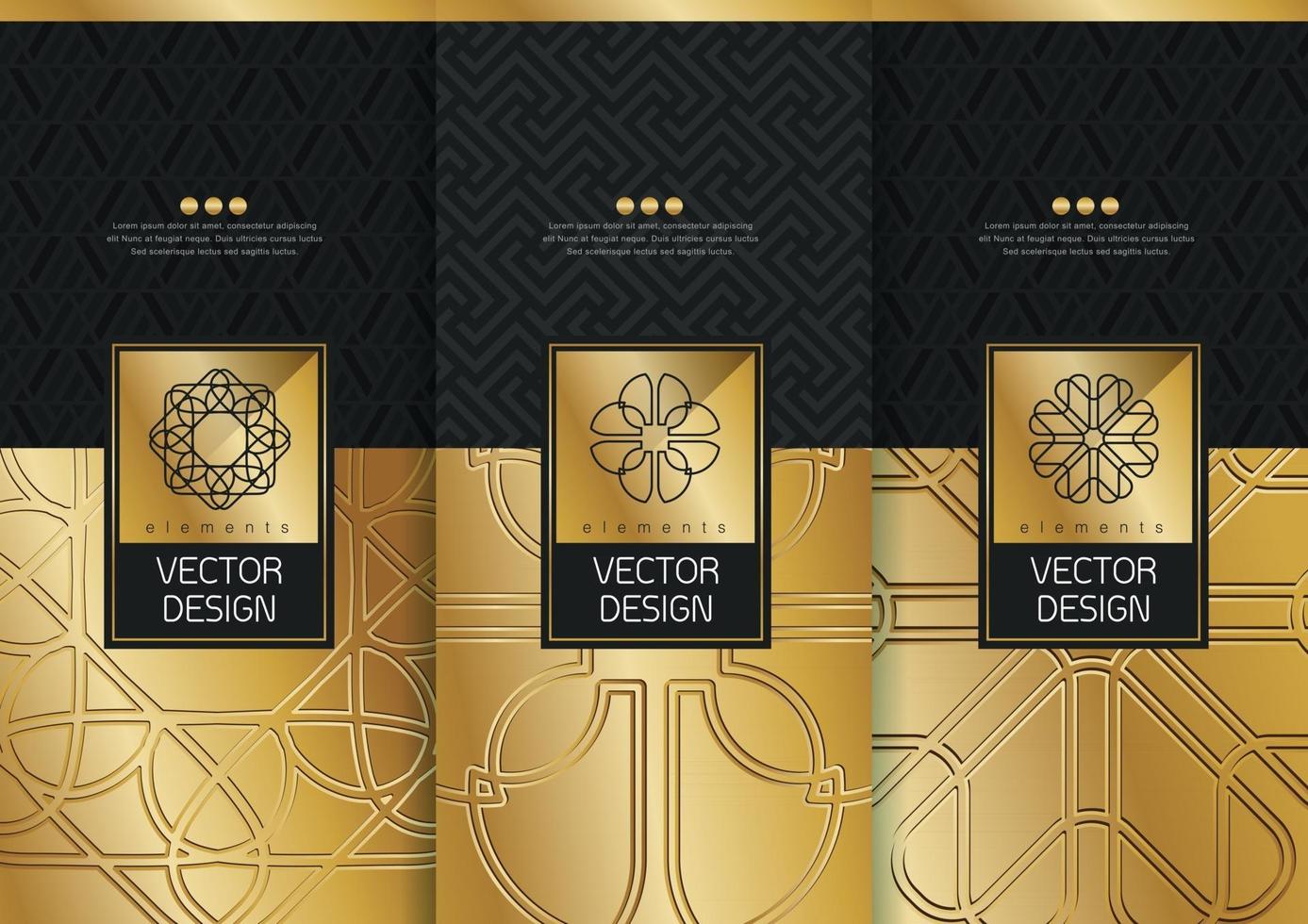 vector set verpakking sjablonen zwart gouden labels en frames voor luxeproducten in trendy lineaire stijl