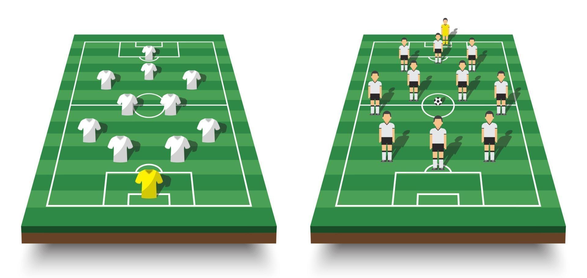 voetbal beker vorming en tactiek set perspectief weergave voetbalveld en spelers met trui op witte geïsoleerde achtergrond vector voor internationale wereldkampioenschap toernooi 2018 concept